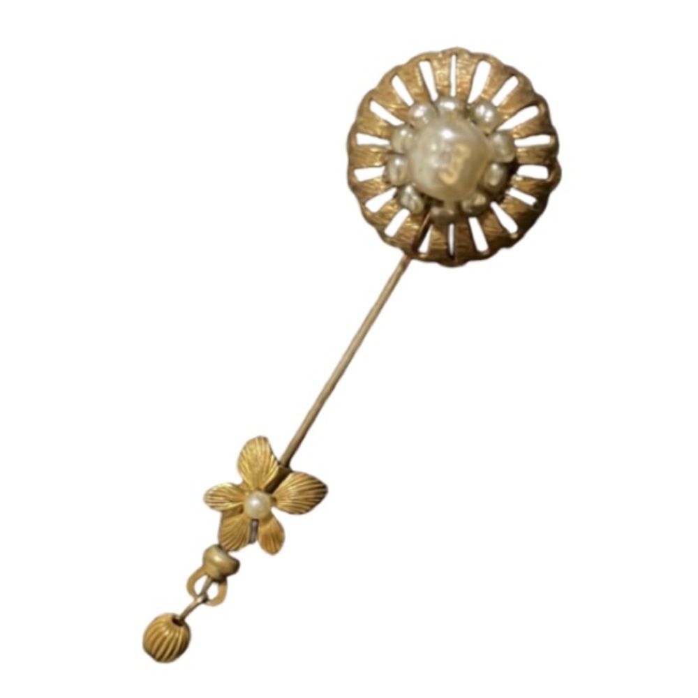 Vintage Miriam Haskell Gold Filagree Glass Pearl Floral Stick Brooch